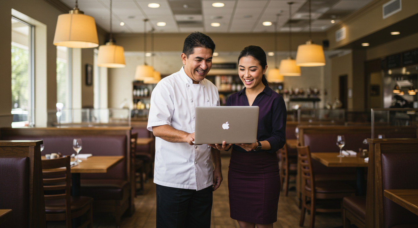 Restaurant owners enjoying their successful marketing